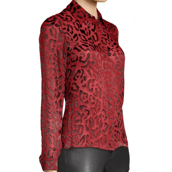 Alice + Olivia Red Willa Placket Leopard Print Blouse Small - Picture 3 of 9